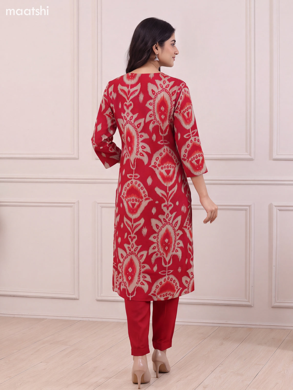 Red Modal Ikat Printed & Embroidery Work Straight Suit