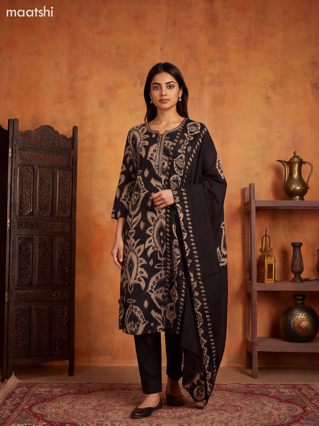Black and Beige Modal Ikat Printed & Embroidery Work Straight Suit