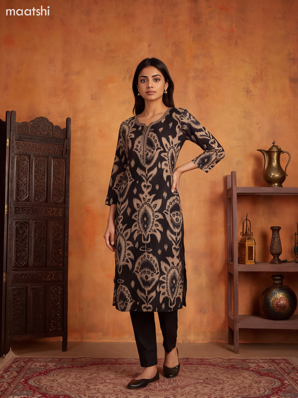 Black and Beige Modal Ikat Printed & Embroidery Work Straight Suit