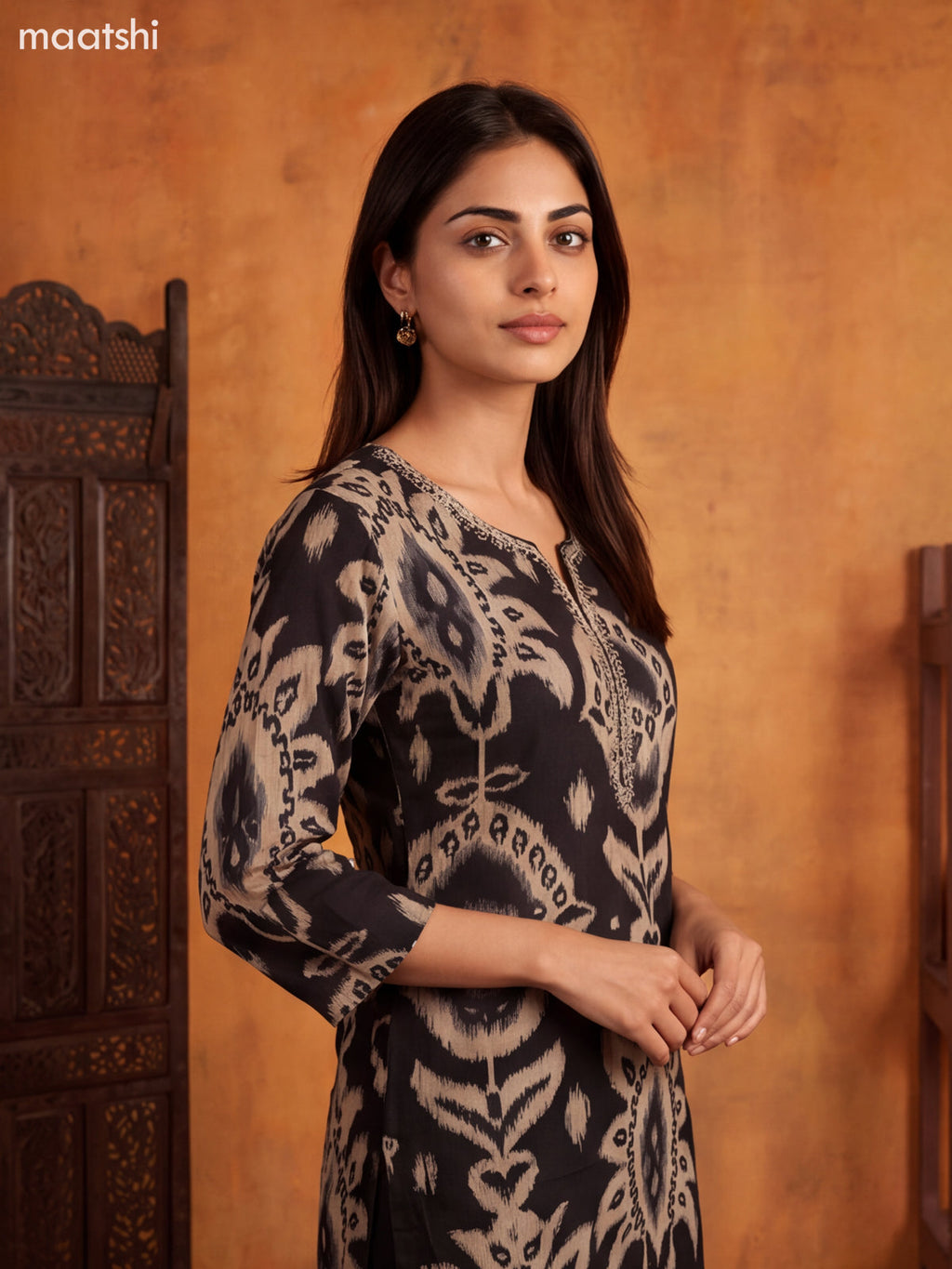 Black and Beige Modal Ikat Printed & Embroidery Work Straight Suit