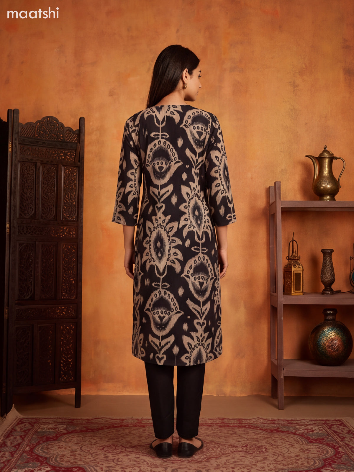 Black and Beige Modal Ikat Printed & Embroidery Work Straight Suit