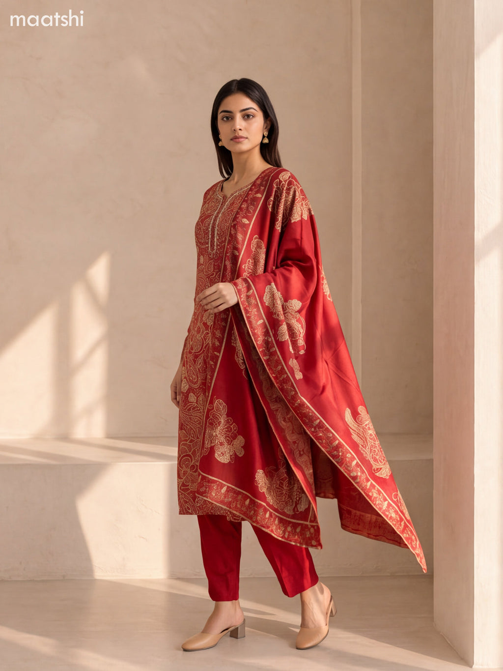 Red and Cream Modal Floral Printed & Embroidery Work Straight Suit