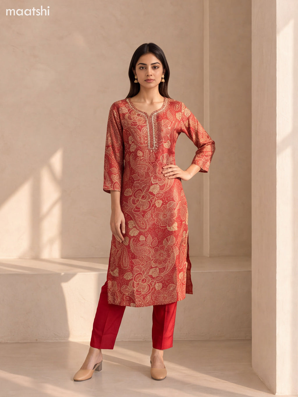 Red and Cream Modal Floral Printed & Embroidery Work Straight Suit