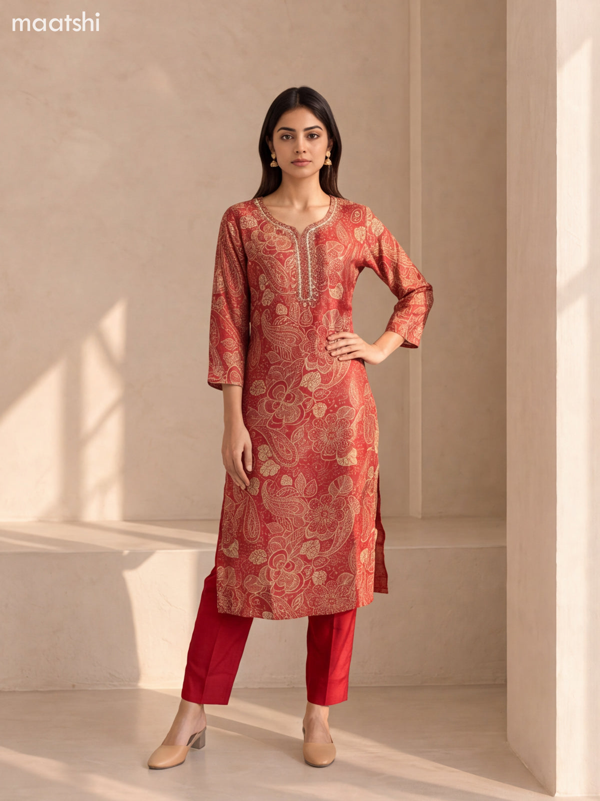Red and Cream Modal Floral Printed & Embroidery Work Straight Suit