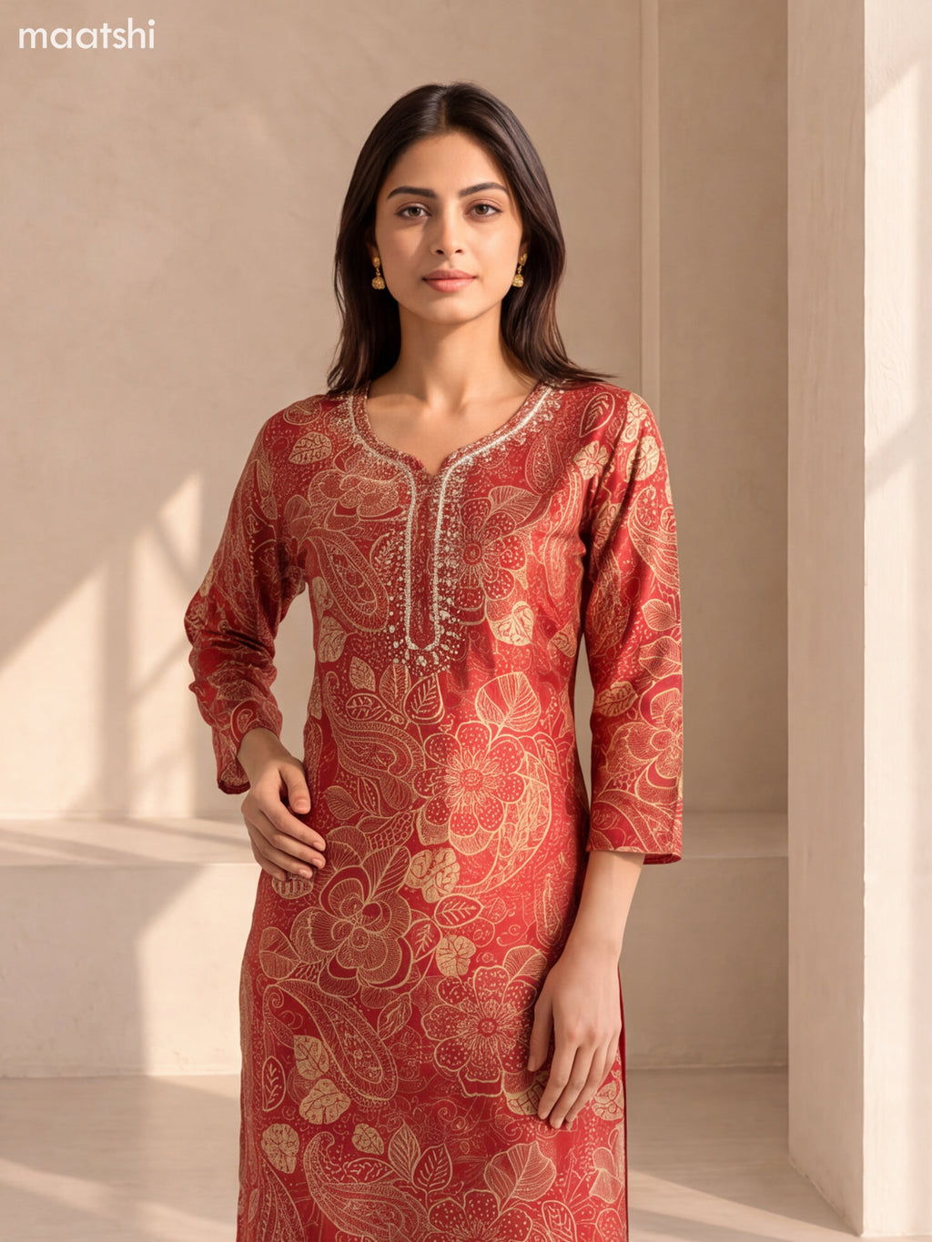 Red and Cream Modal Floral Printed & Embroidery Work Straight Suit