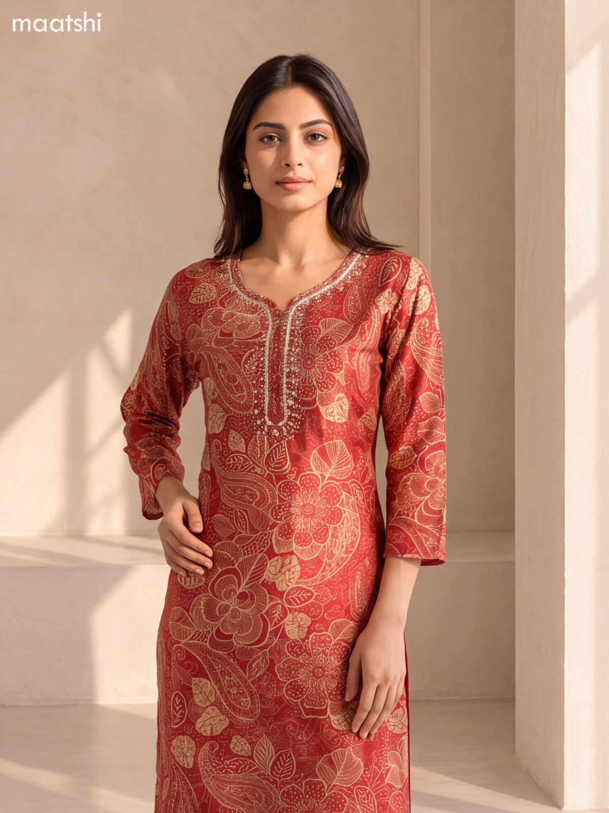 Red and Cream Modal Floral Printed & Embroidery Work Straight Suit