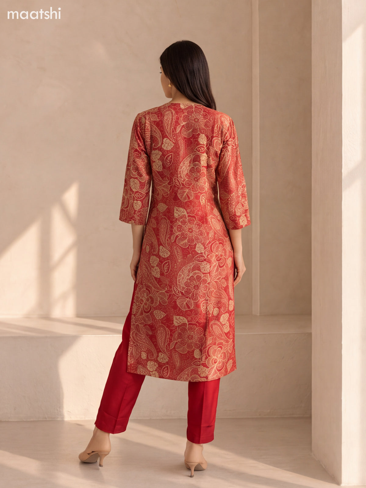 Red and Cream Modal Floral Printed & Embroidery Work Straight Suit