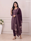 Deep Violet and Beige Modal Floral Printed & Embroidery Work Straight Suit