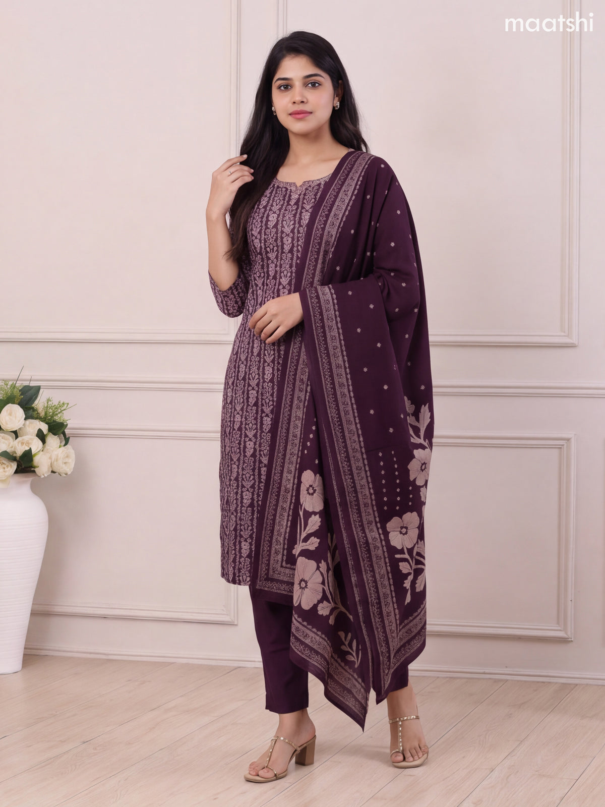 Deep Violet and Beige Modal Floral Printed & Embroidery Work Straight Suit