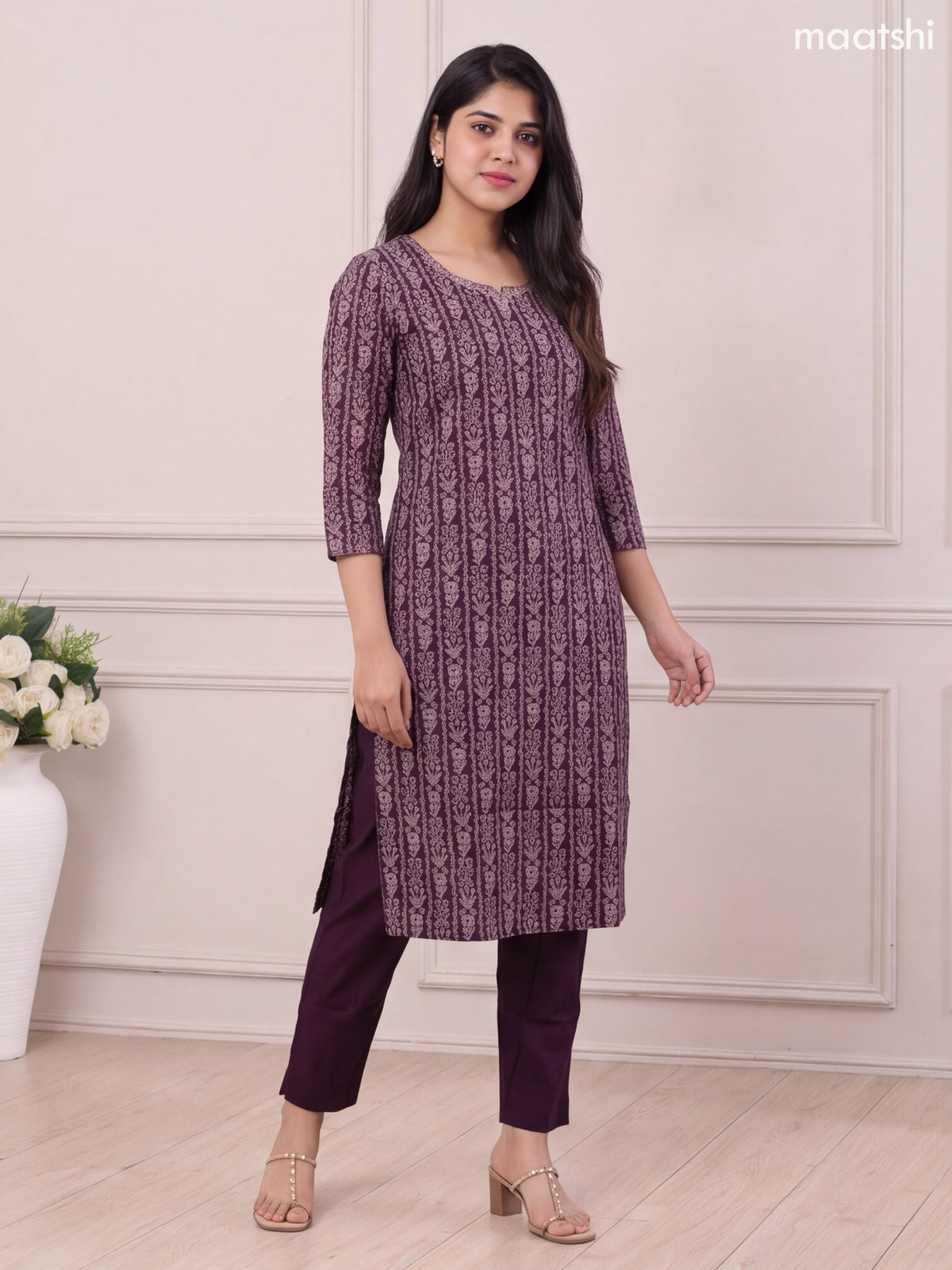 Deep Violet and Beige Modal Floral Printed & Embroidery Work Straight Suit