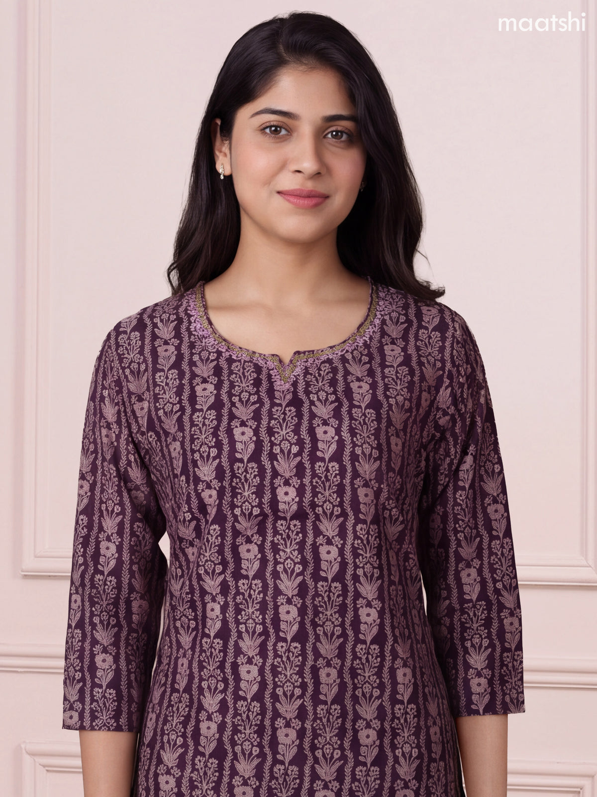 Deep Violet and Beige Modal Floral Printed & Embroidery Work Straight Suit