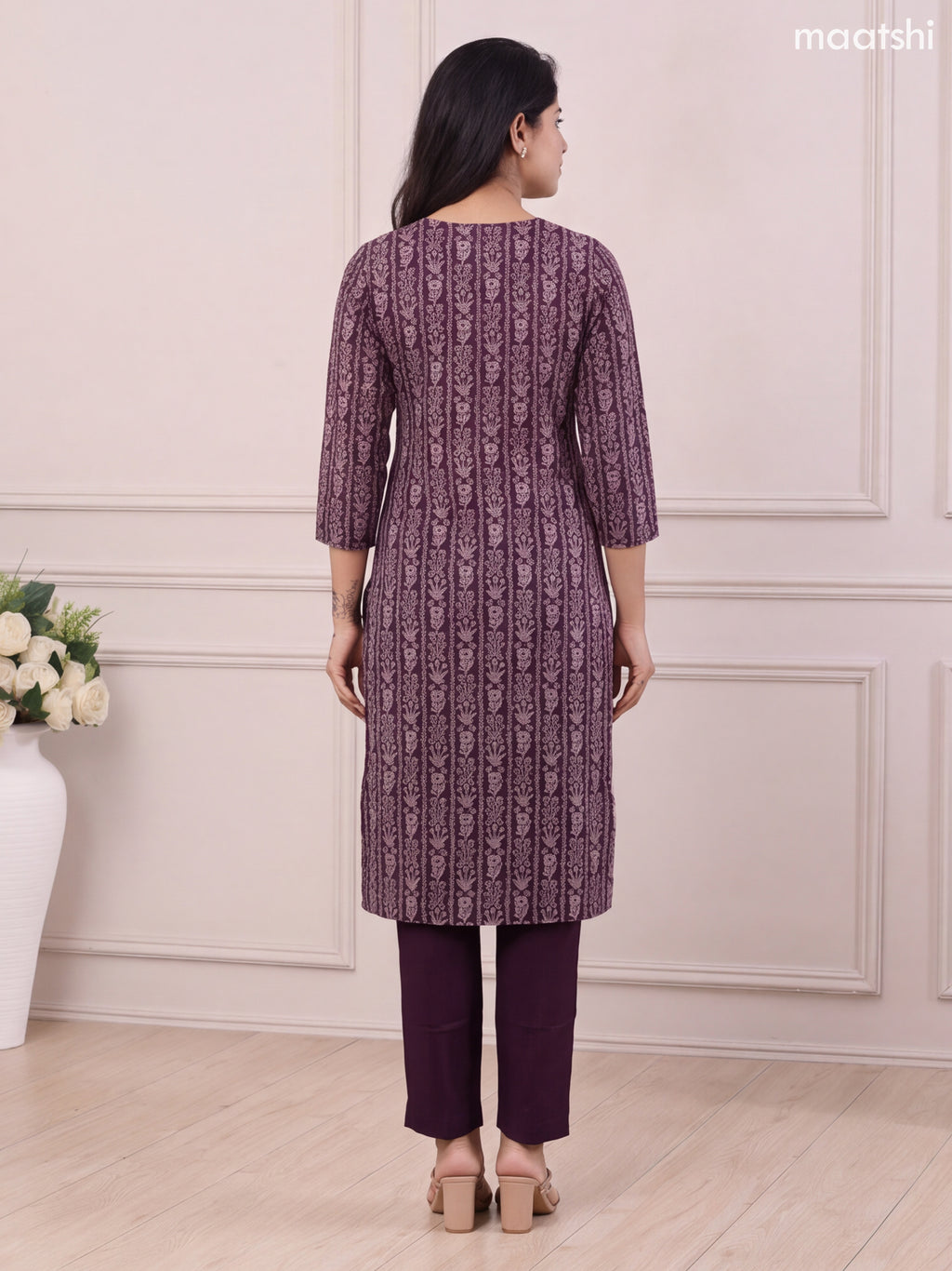 Deep Violet and Beige Modal Floral Printed & Embroidery Work Straight Suit
