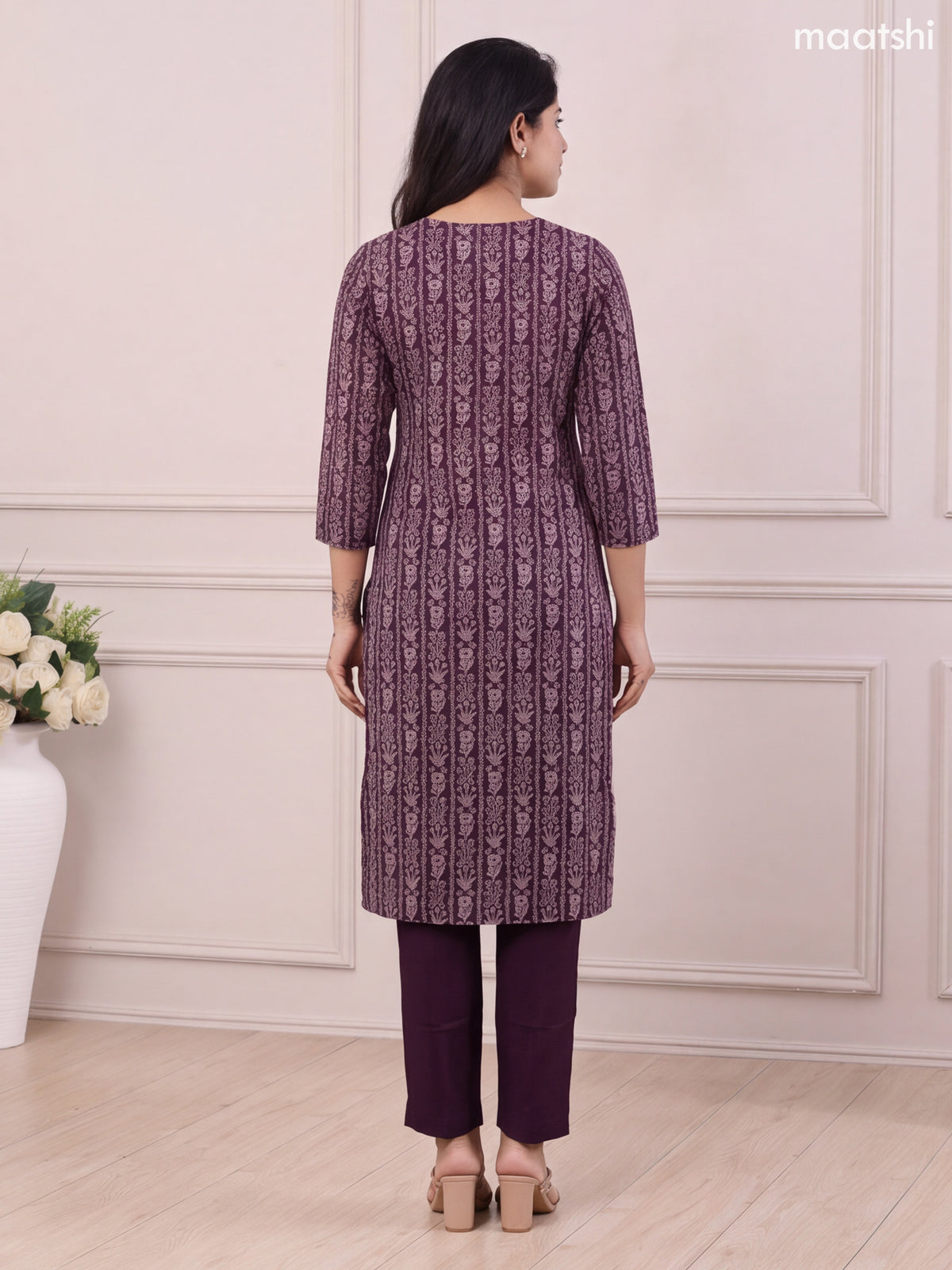 Deep Violet and Beige Modal Floral Printed & Embroidery Work Straight Suit