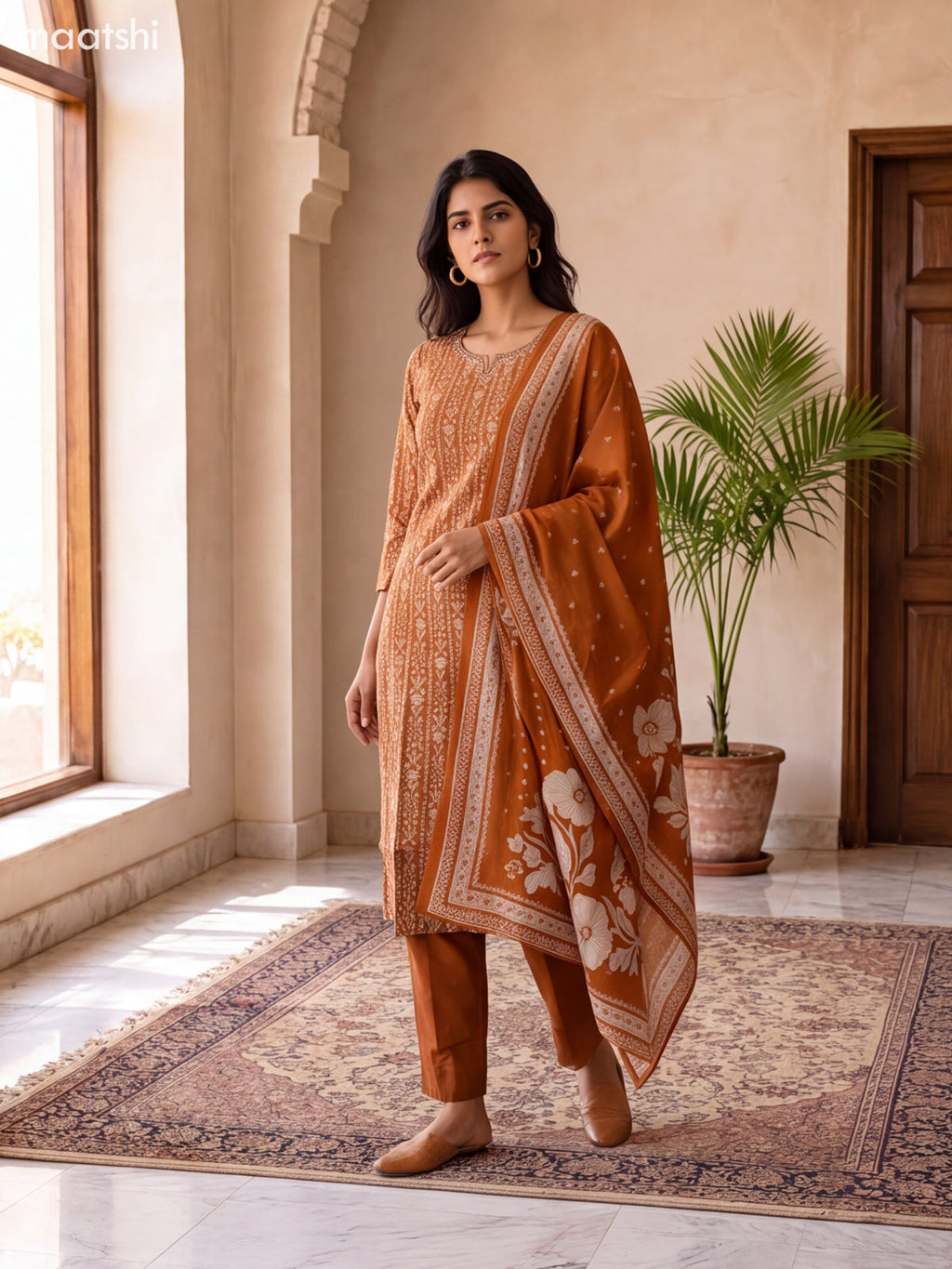Rustic Brown and Beige Modal Floral Printed & Embroidery Work Straight Suit