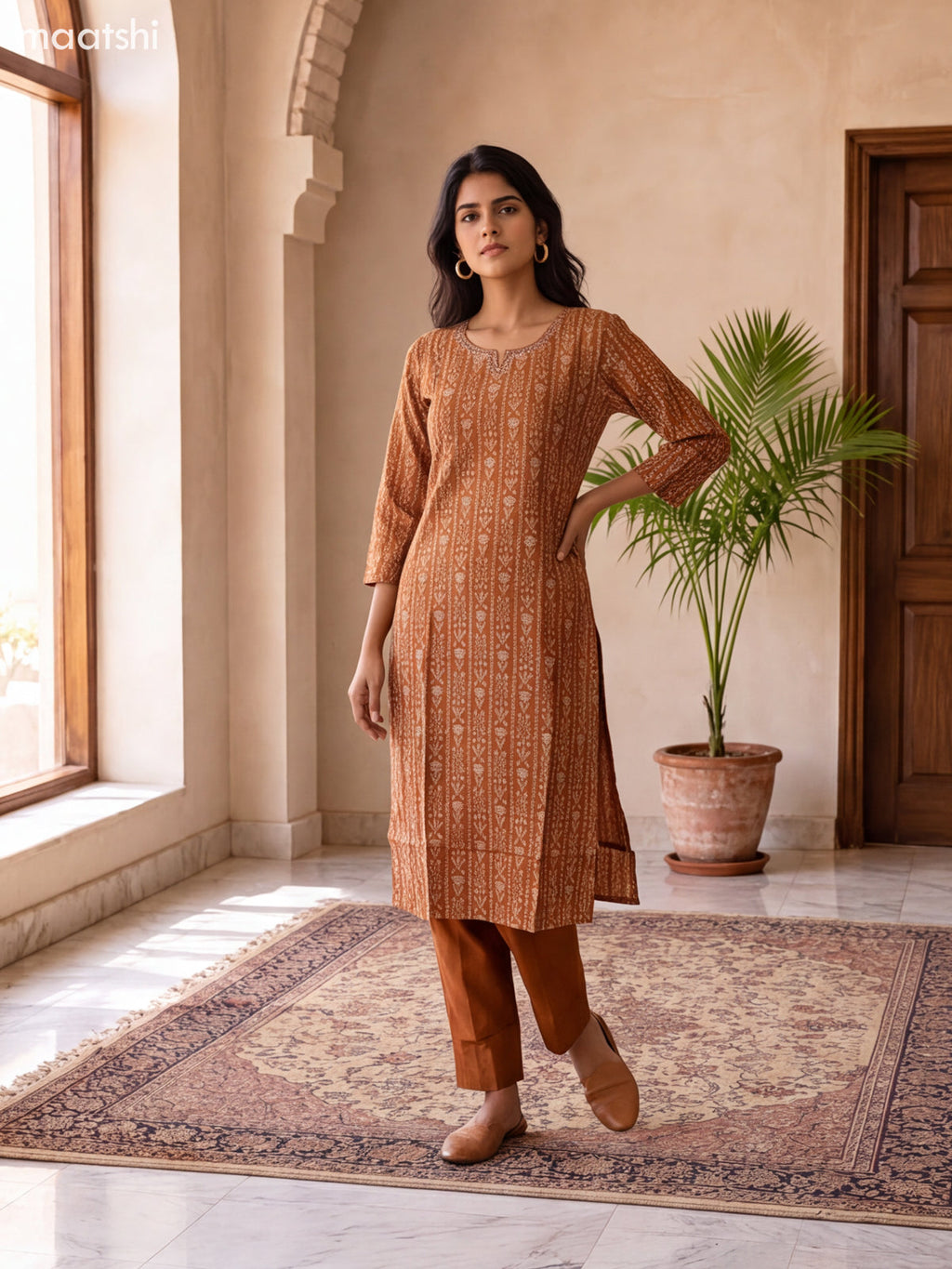 Rustic Brown and Beige Modal Floral Printed & Embroidery Work Straight Suit
