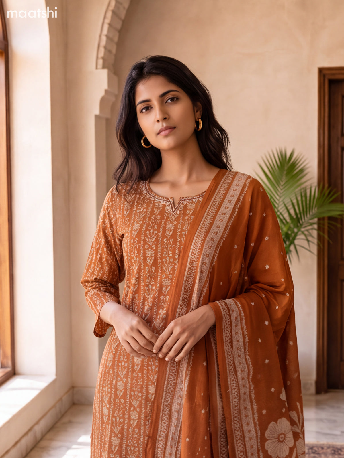Rustic Brown and Beige Modal Floral Printed & Embroidery Work Straight Suit