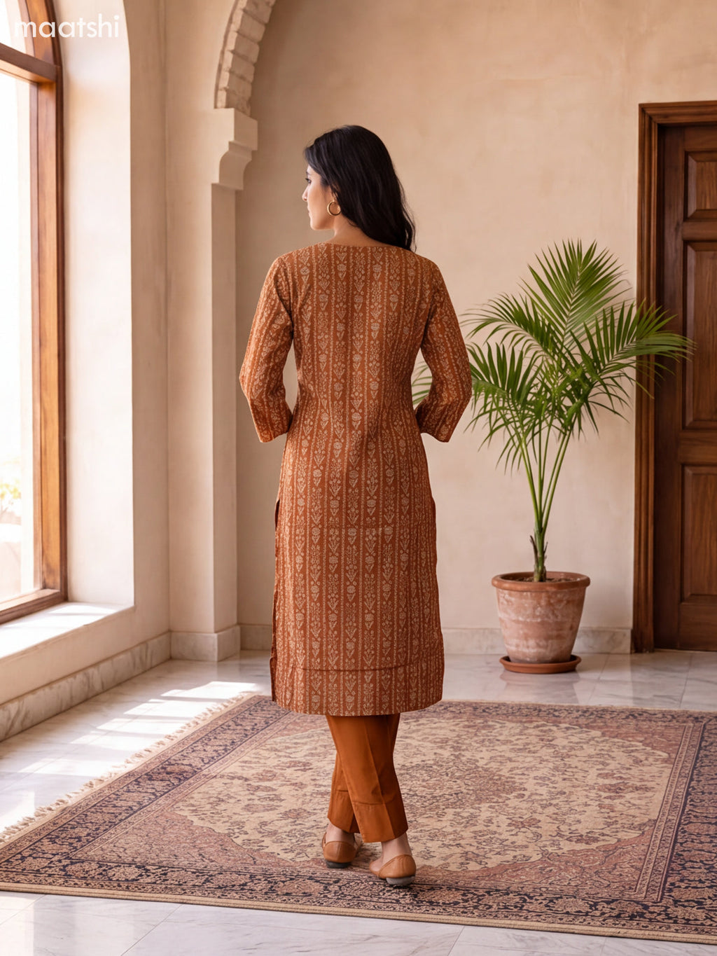 Rustic Brown and Beige Modal Floral Printed & Embroidery Work Straight Suit
