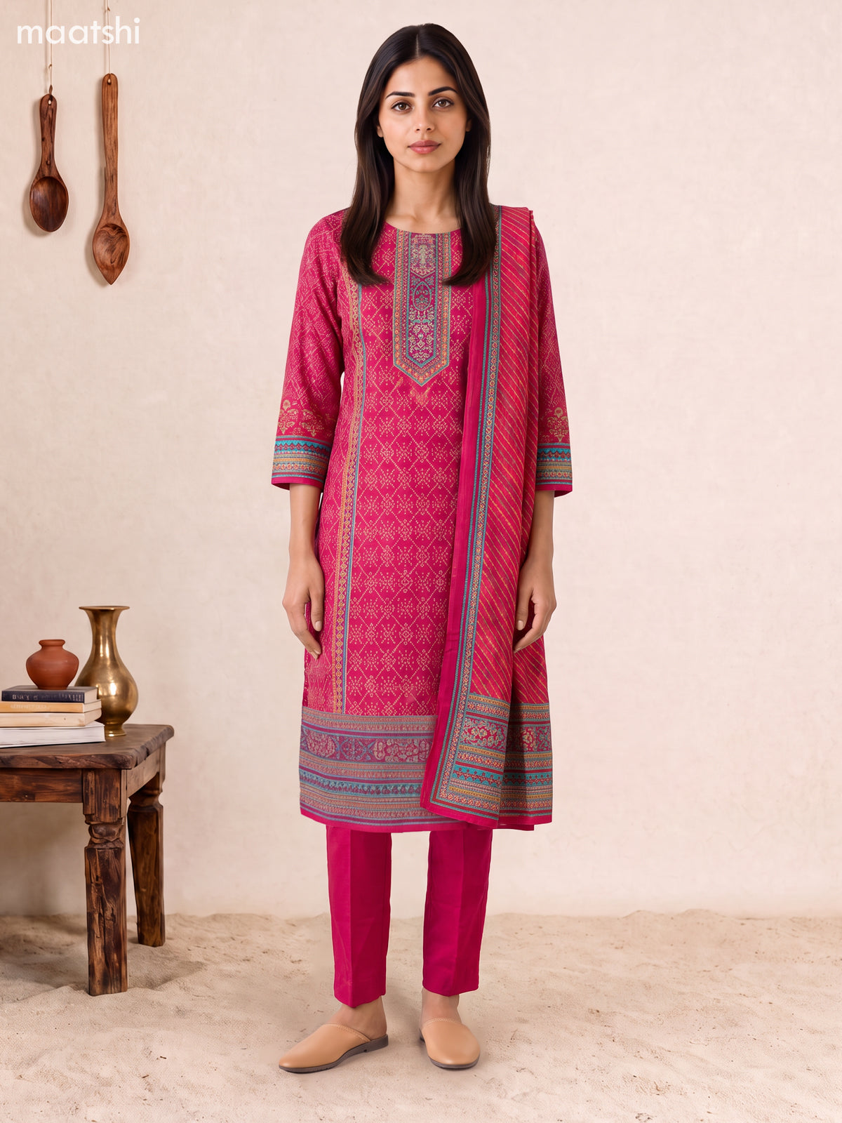 Rani Pink Modal Bandhani Printed & Embroidery Work Straight Suit