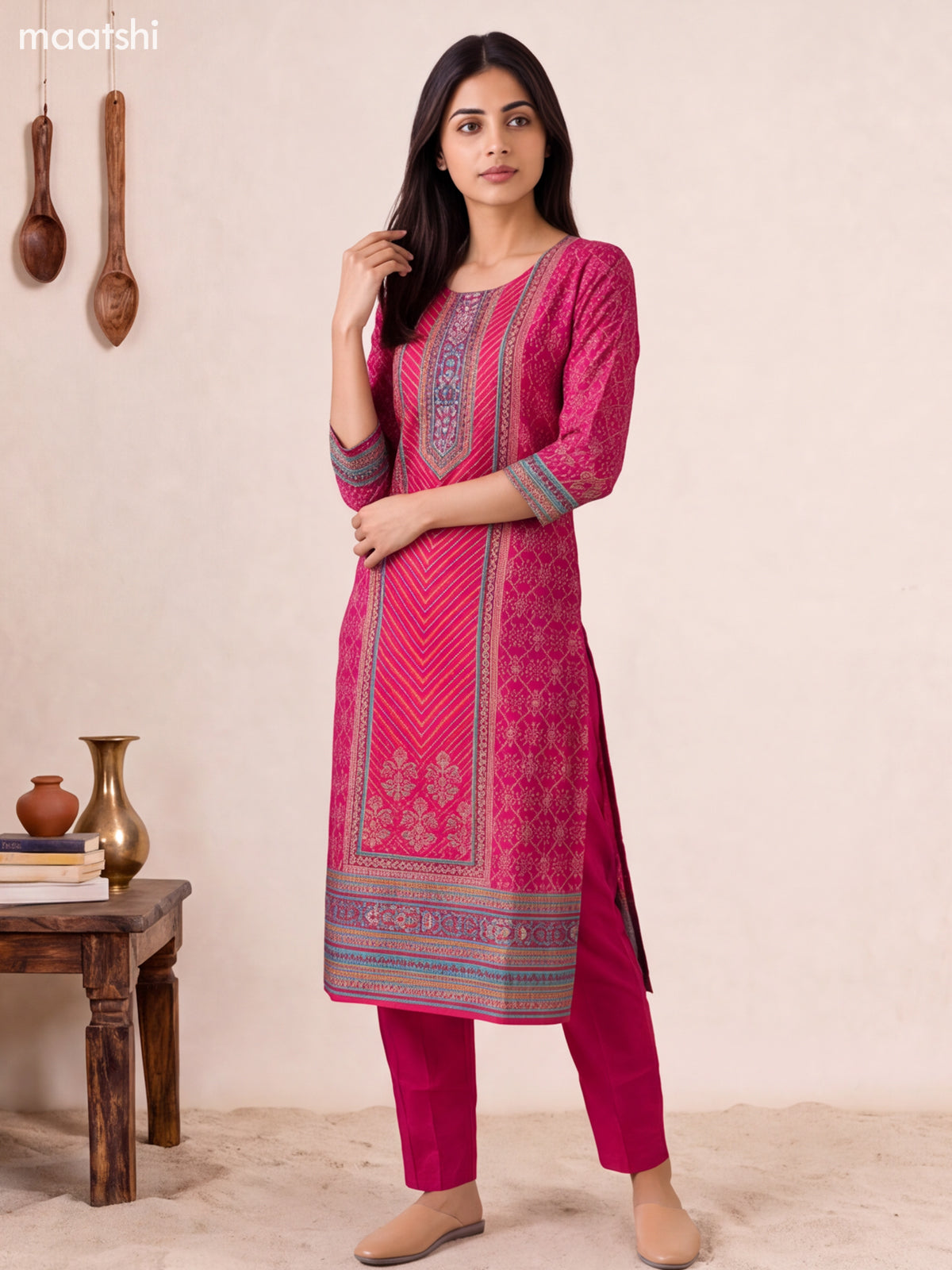 Rani Pink Modal Bandhani Printed & Embroidery Work Straight Suit