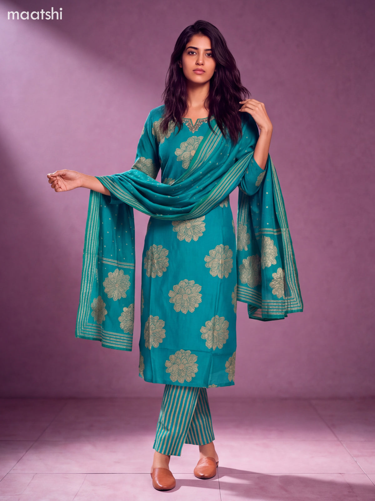 Green Modal Floral Printed & Embroidery Work Straight Suit