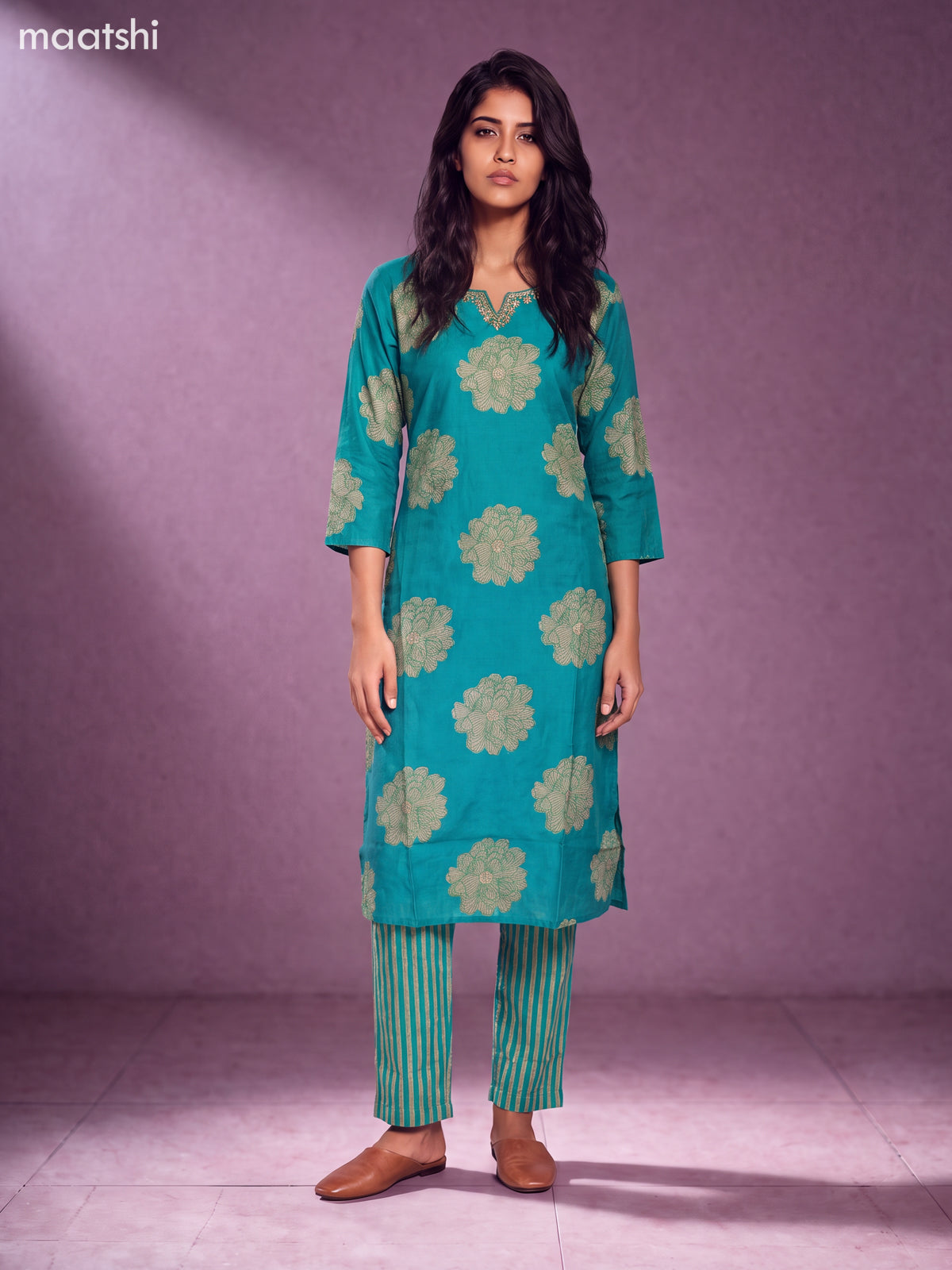 Green Modal Floral Printed & Embroidery Work Straight Suit