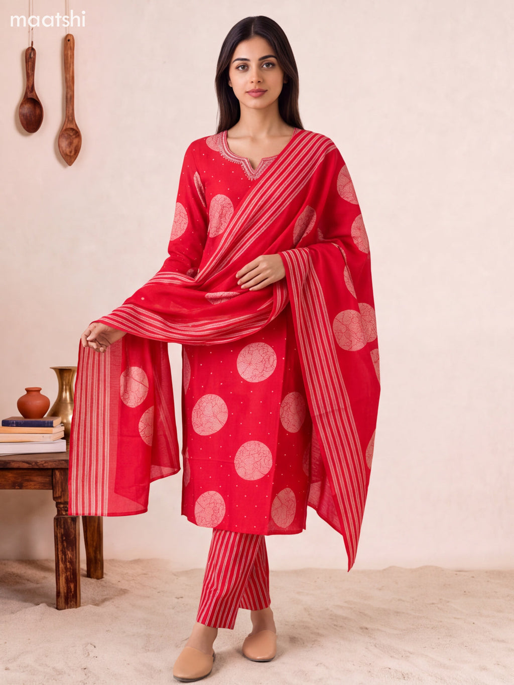 Red Modal Floral Printed & Embroidery Work Straight Suit