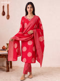 Red Modal Floral Printed & Embroidery Work Straight Suit