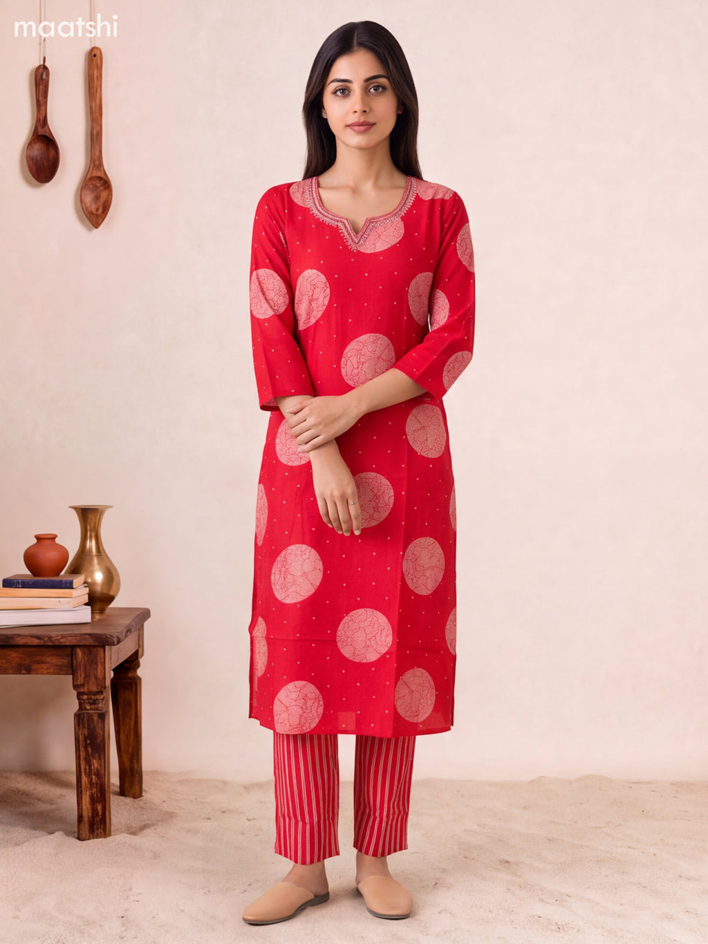 Red Modal Floral Printed & Embroidery Work Straight Suit