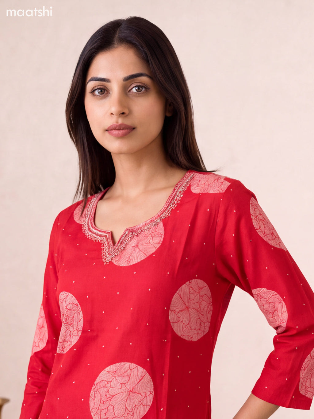 Red Modal Floral Printed & Embroidery Work Straight Suit