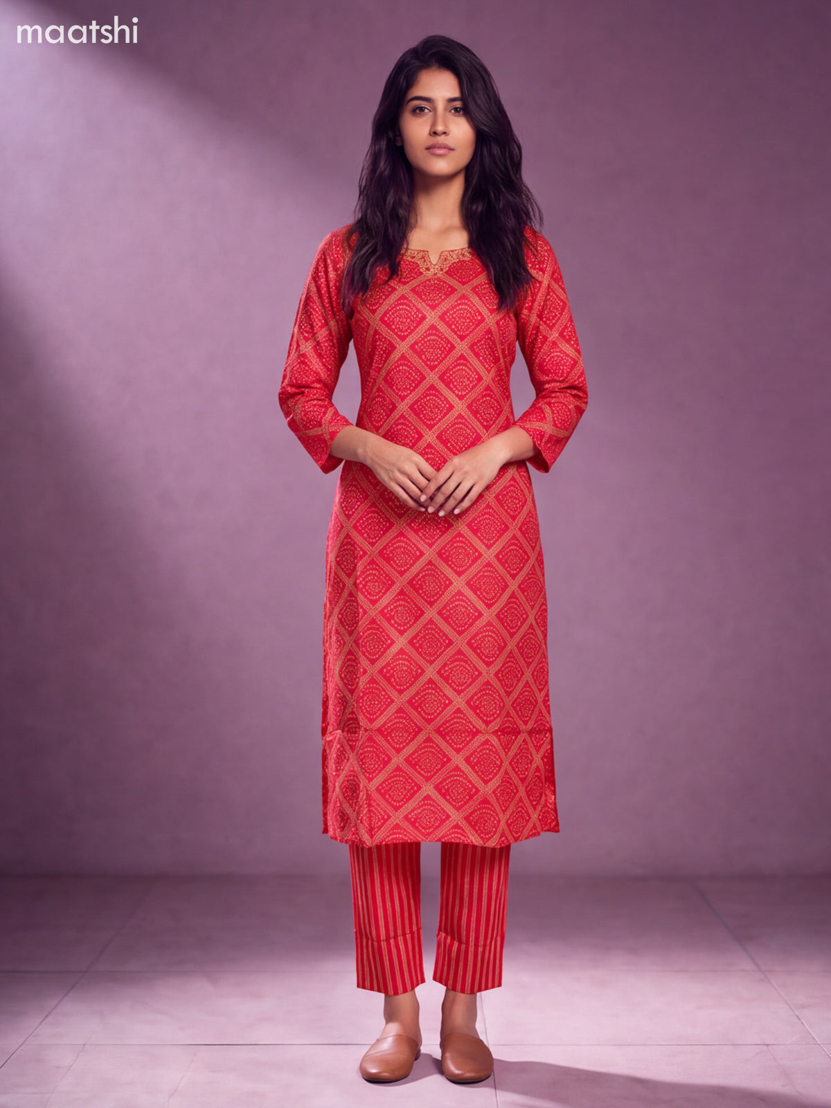 Red Modal Bandhani Printed & Embroidery Work Straight Suit
