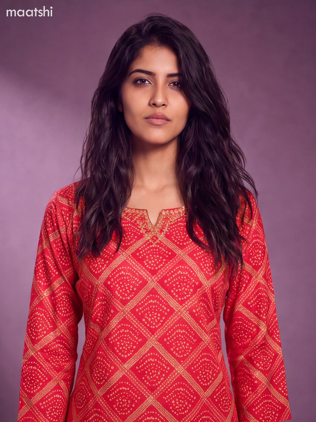 Red Modal Bandhani Printed & Embroidery Work Straight Suit