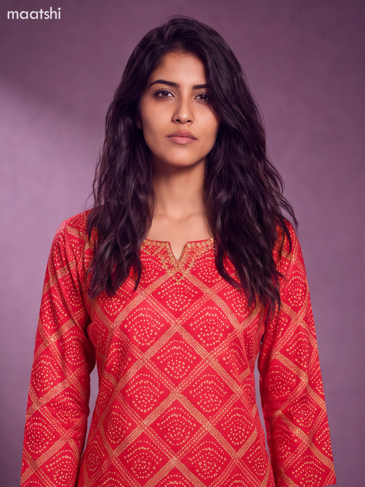 Red Modal Bandhani Printed & Embroidery Work Straight Suit