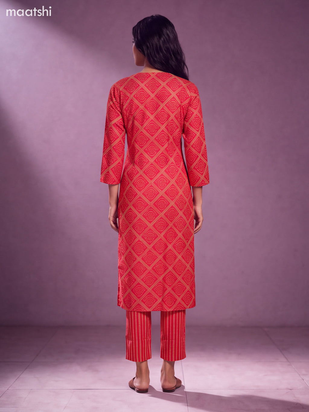 Red Modal Bandhani Printed & Embroidery Work Straight Suit
