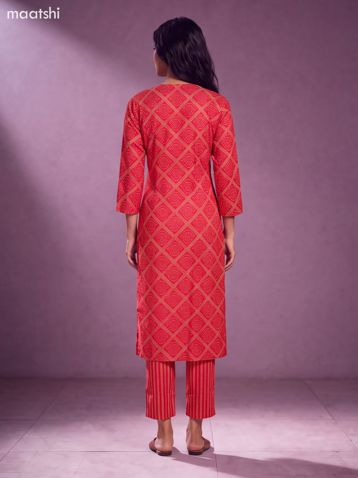 Red Modal Bandhani Printed & Embroidery Work Straight Suit