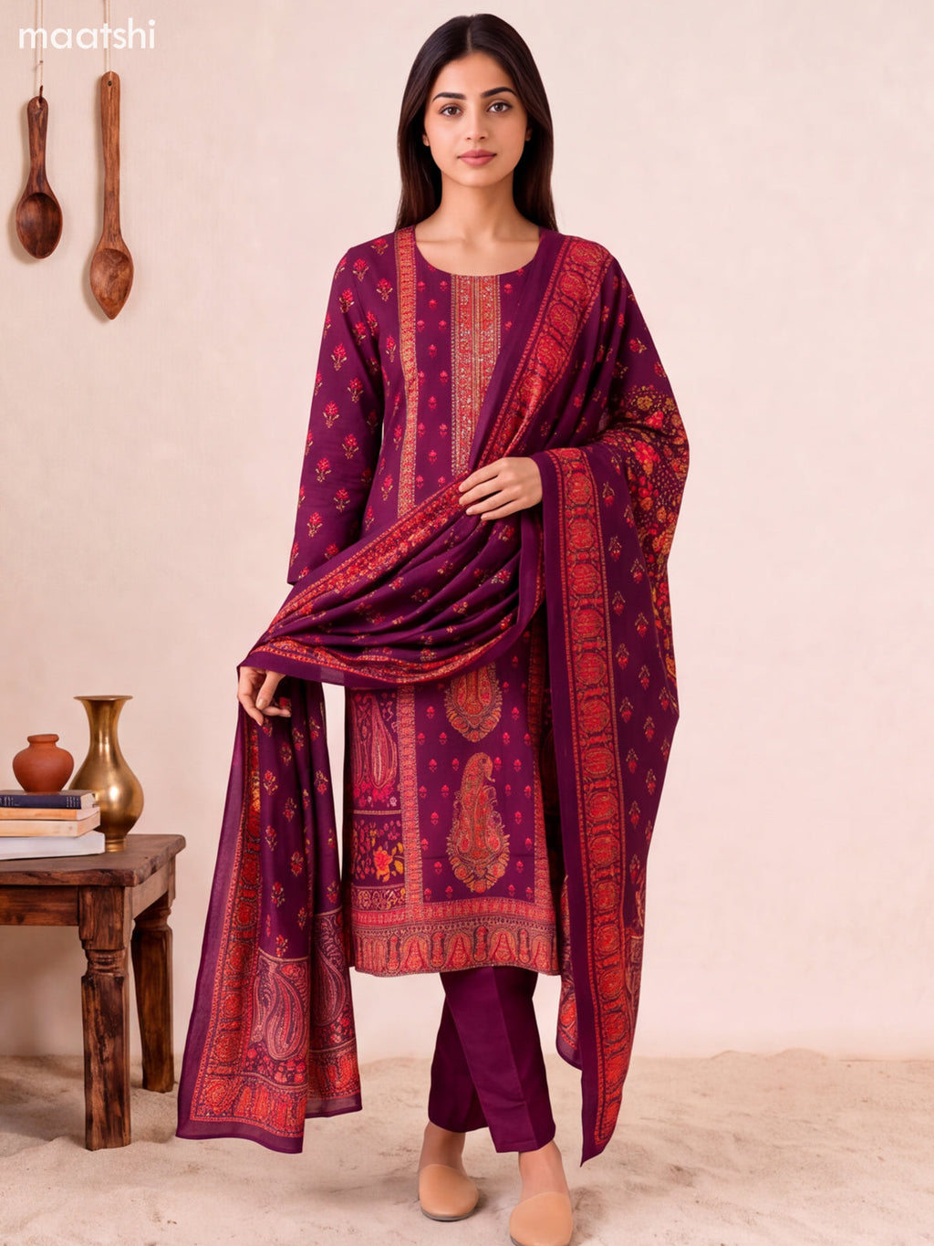 Deep Purple Art Tussar Floral Buttas & Embroidery Work Straight Suit