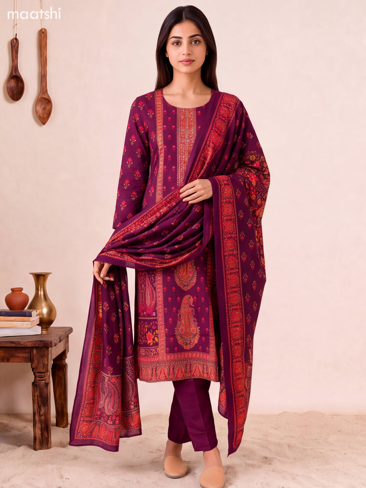 Deep Purple Art Tussar Floral Buttas & Embroidery Work Straight Suit