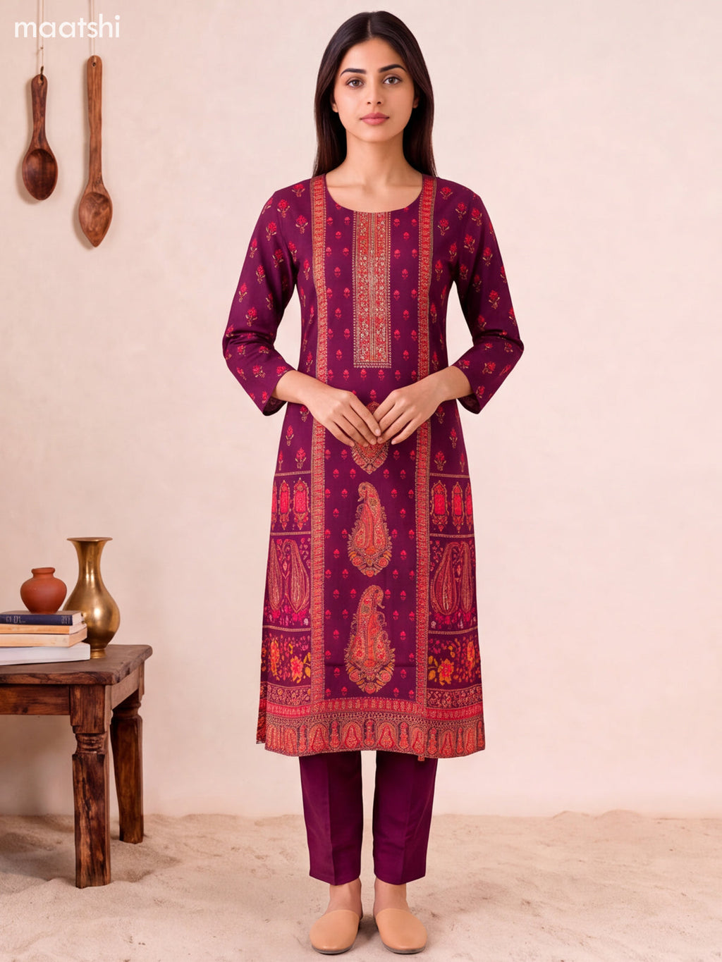 Deep Purple Art Tussar Floral Buttas & Embroidery Work Straight Suit