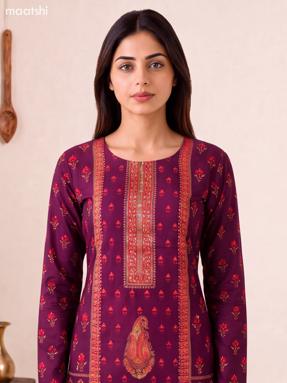 Deep Purple Art Tussar Floral Buttas & Embroidery Work Straight Suit