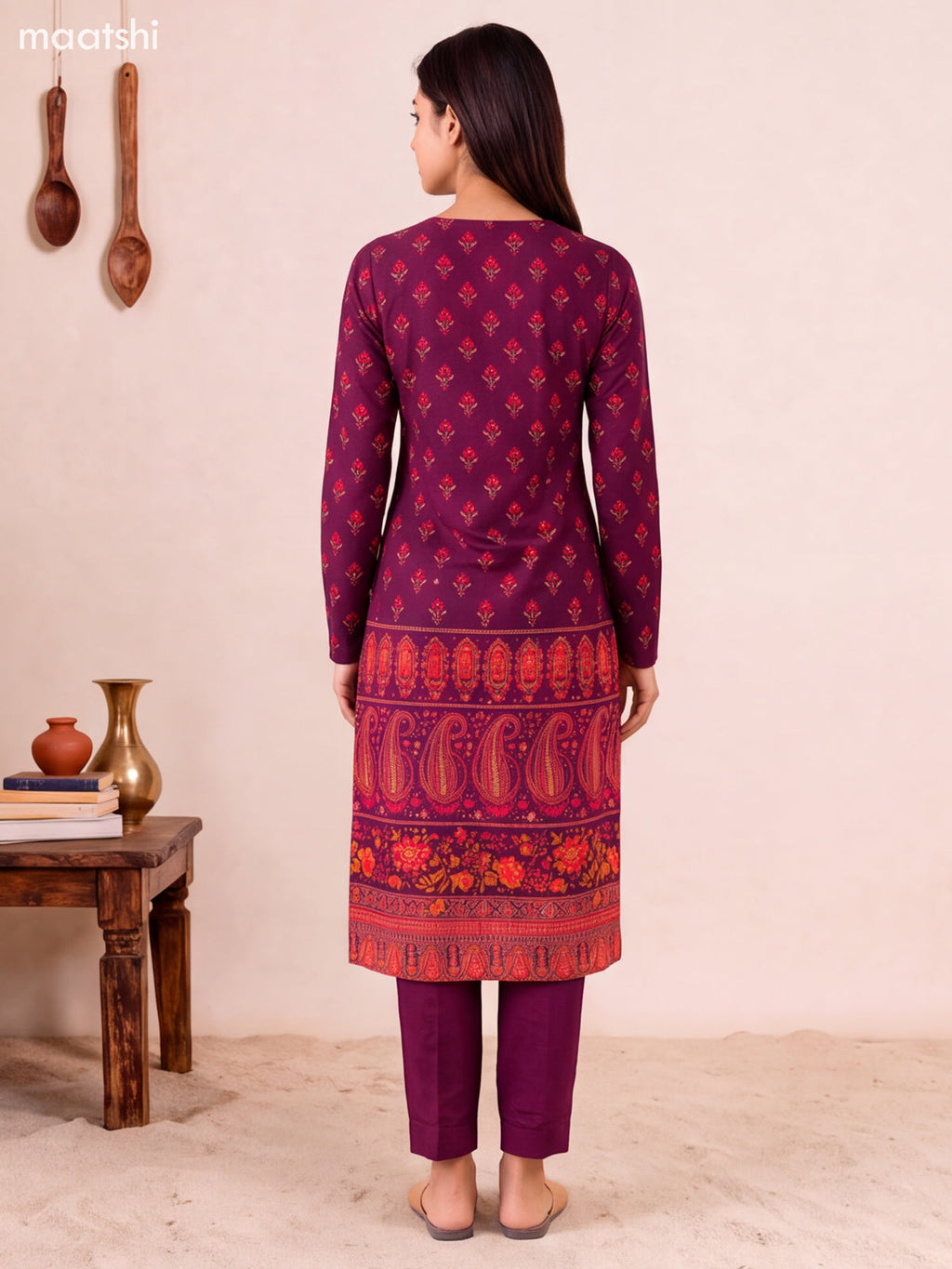 Deep Purple Art Tussar Floral Buttas & Embroidery Work Straight Suit