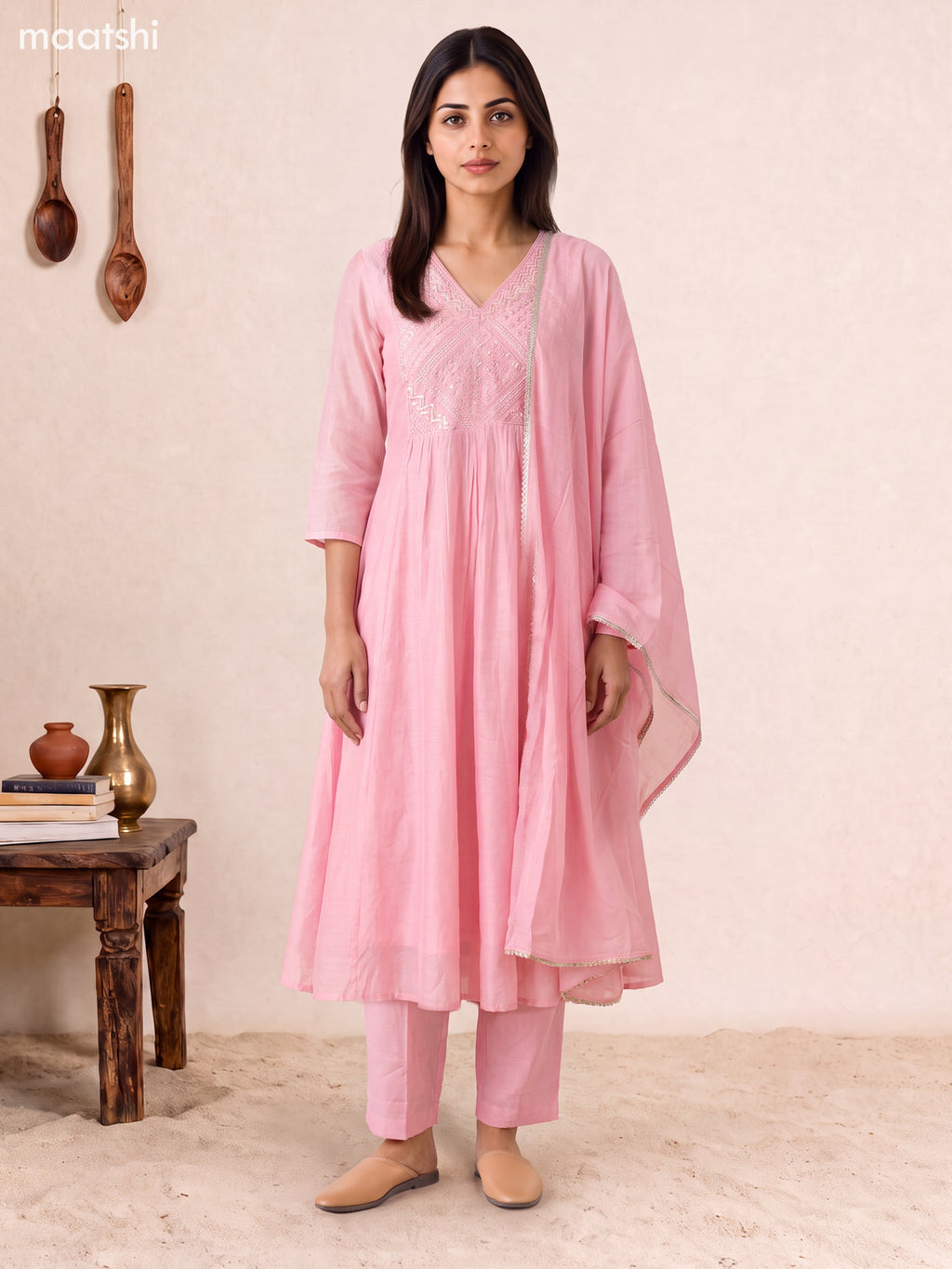 Baby Pink Mul Chanderi Embroidery Work Anarkali Suit