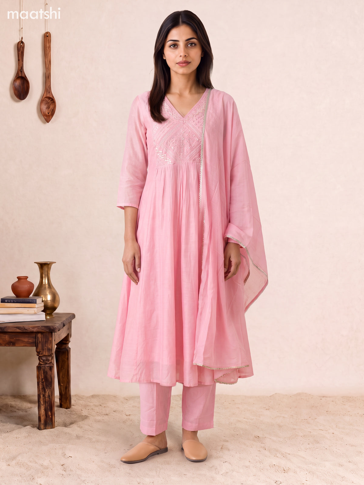 Baby Pink Mul Chanderi Embroidery Work Anarkali Suit