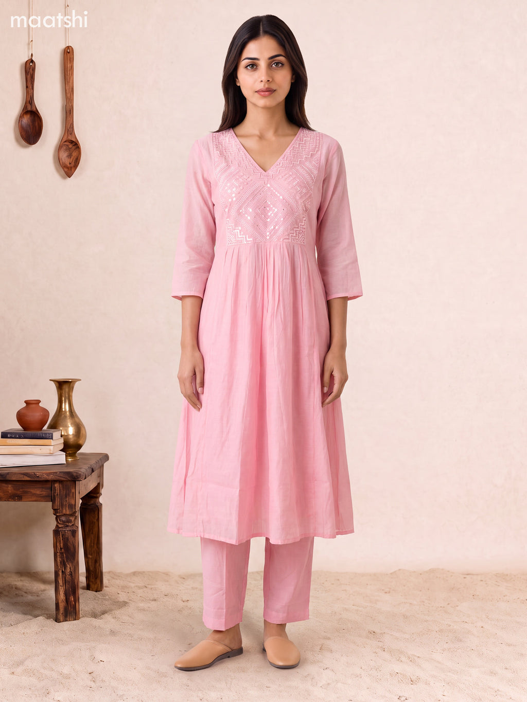 Baby Pink Mul Chanderi Embroidery Work Anarkali Suit