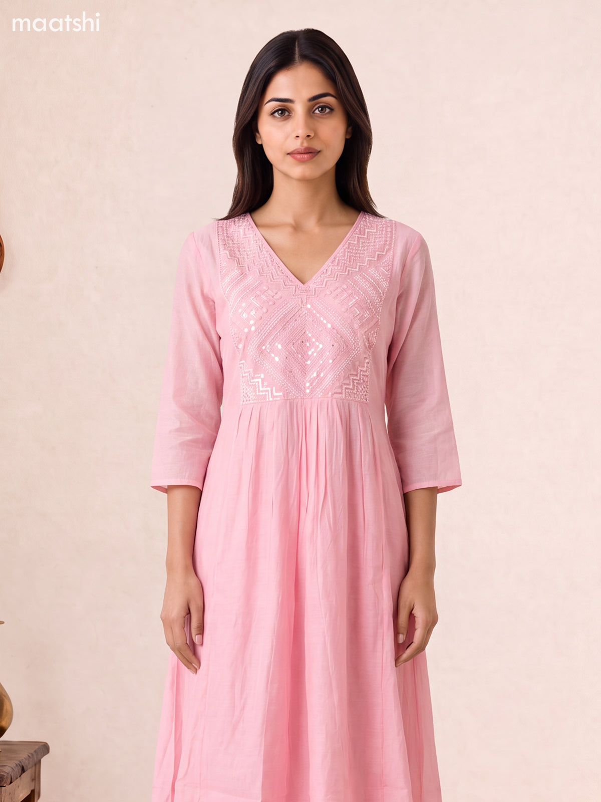 Baby Pink Mul Chanderi Embroidery Work Anarkali Suit