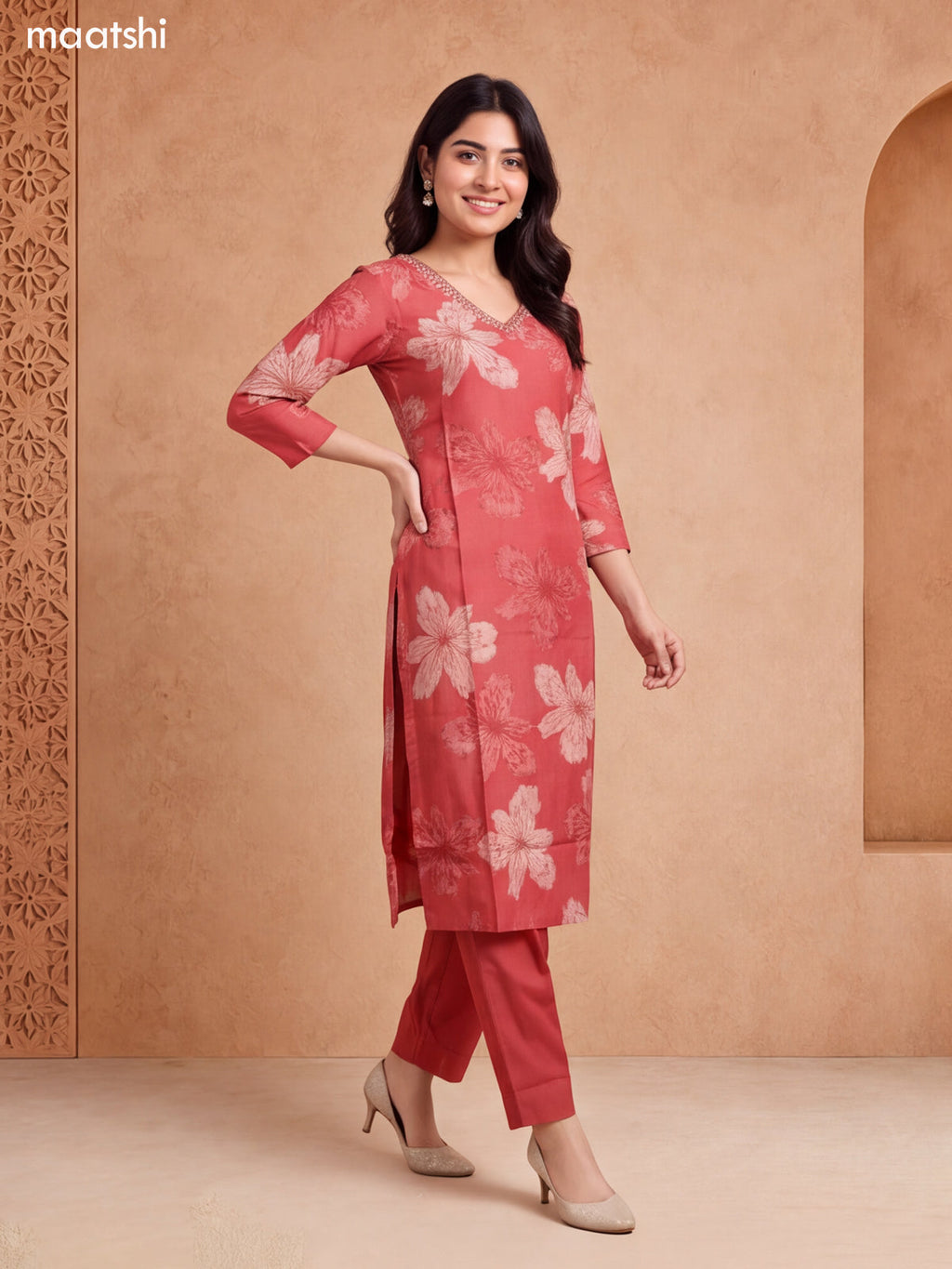 Rust Modal Floral Printed & Embroidery Work Straight Suit