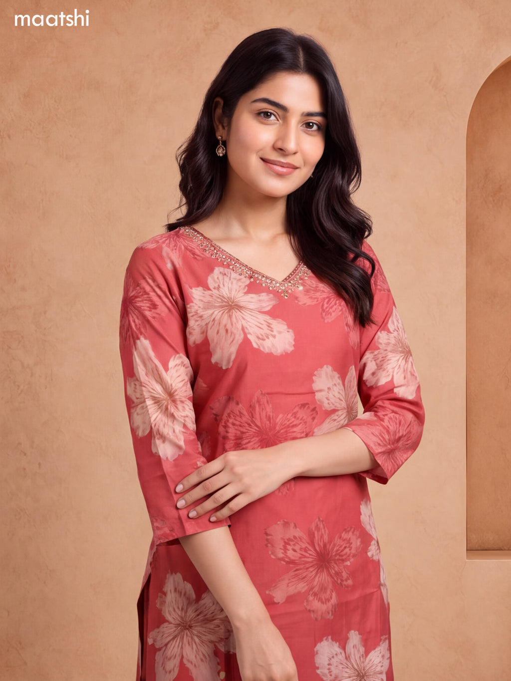 Rust Modal Floral Printed & Embroidery Work Straight Suit