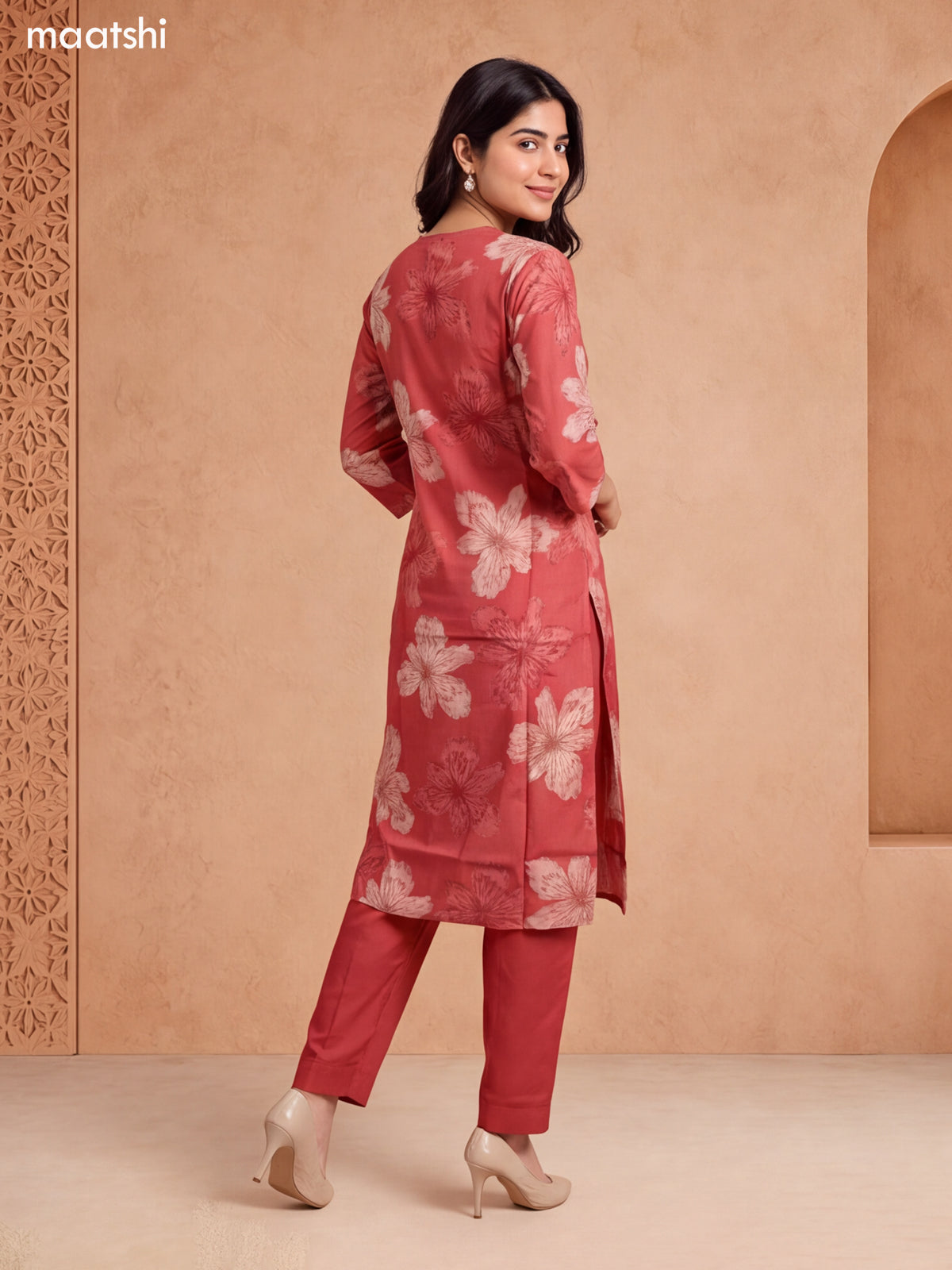 Rust Modal Floral Printed & Embroidery Work Straight Suit