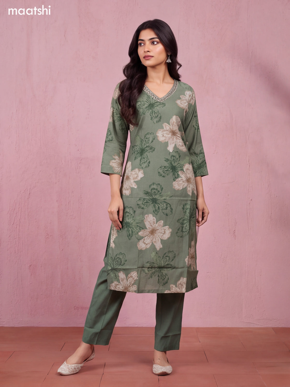 Pastel Green Modal Floral Printed & Embroidery Work Straight Suit