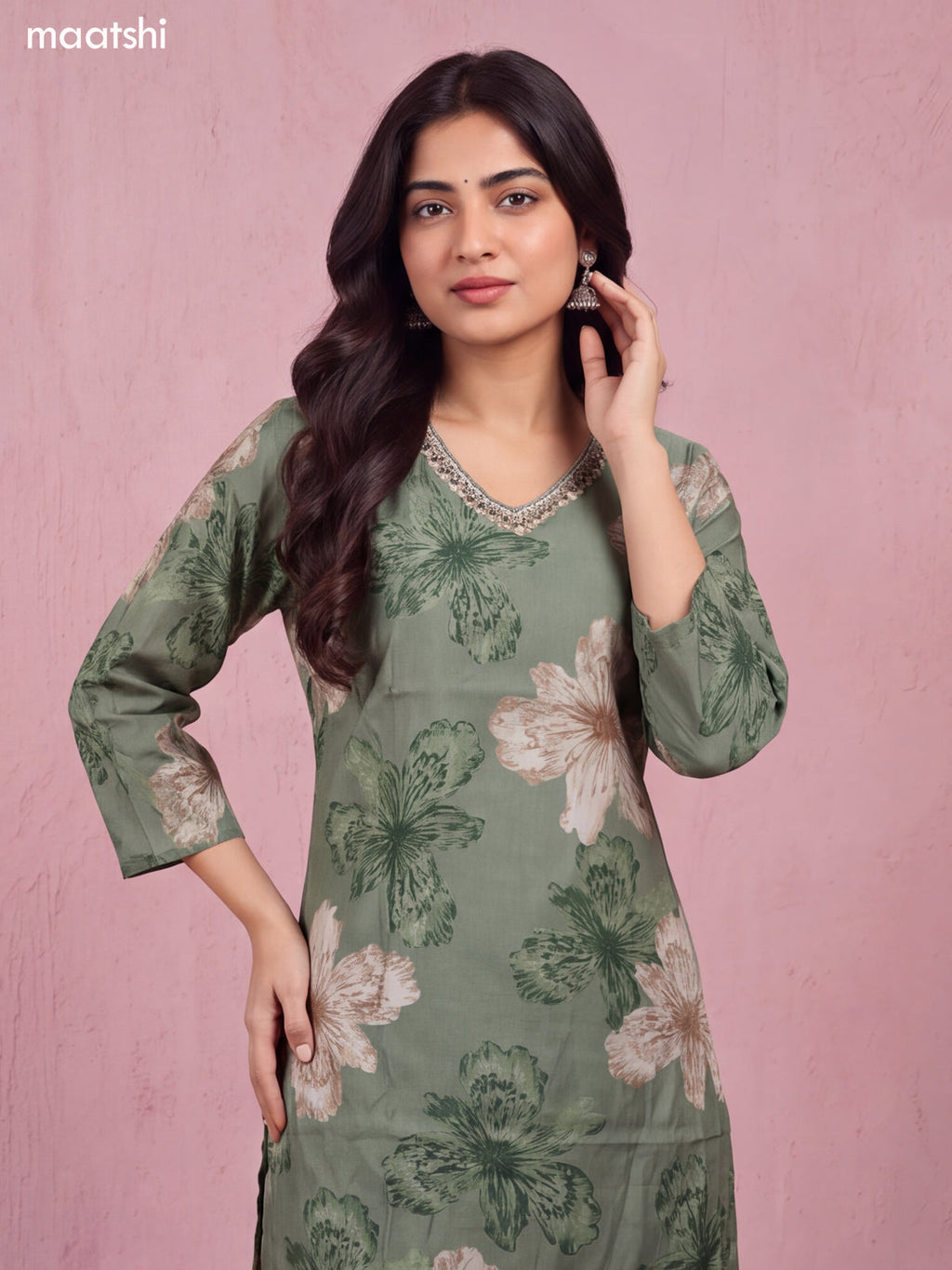 Pastel Green Modal Floral Printed & Embroidery Work Straight Suit