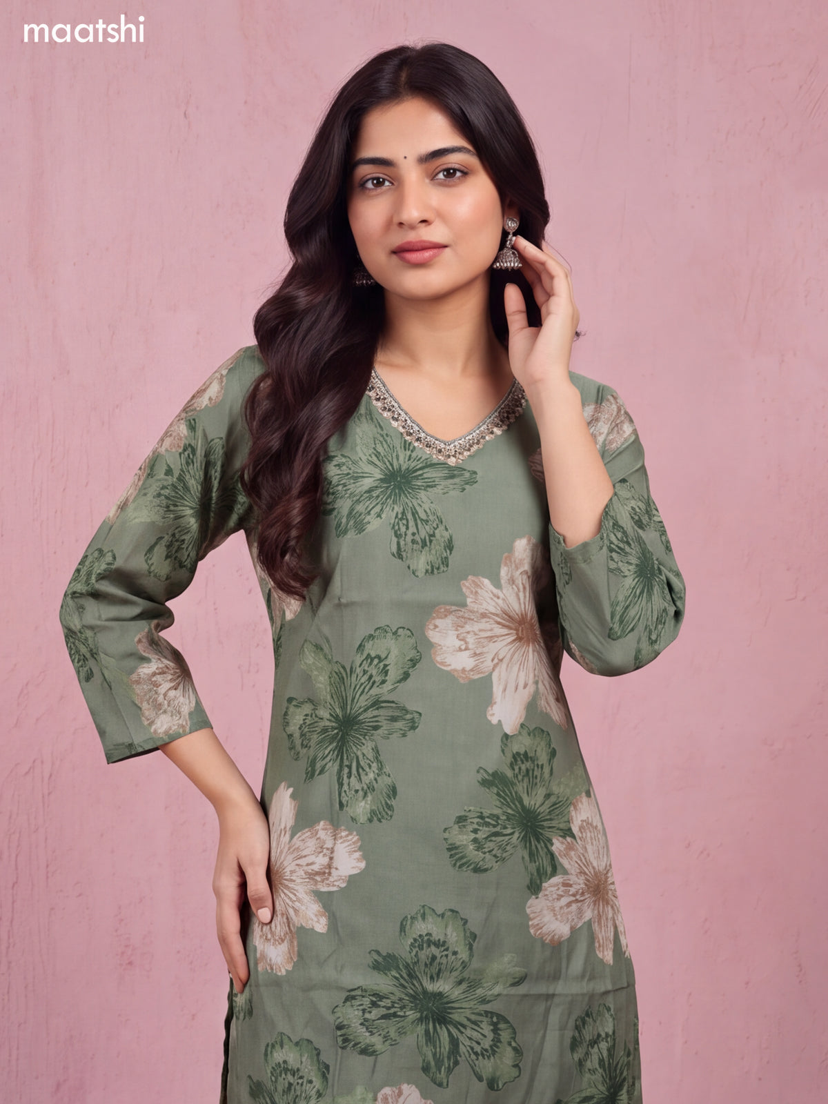 Pastel Green Modal Floral Printed & Embroidery Work Straight Suit