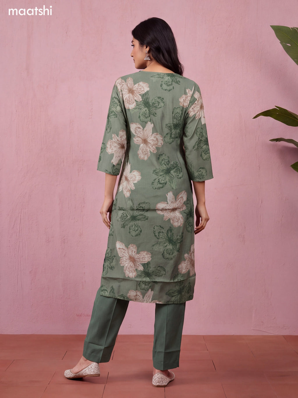 Pastel Green Modal Floral Printed & Embroidery Work Straight Suit